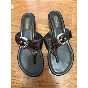 Brighton Women's Brown Croc Embossed Leather Wedge Thong Sandals Size 8